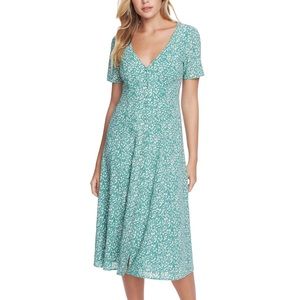 1. STATE Womens Green Tie Floral Short Sleeve V Neck Midi Shift Dress Size 6